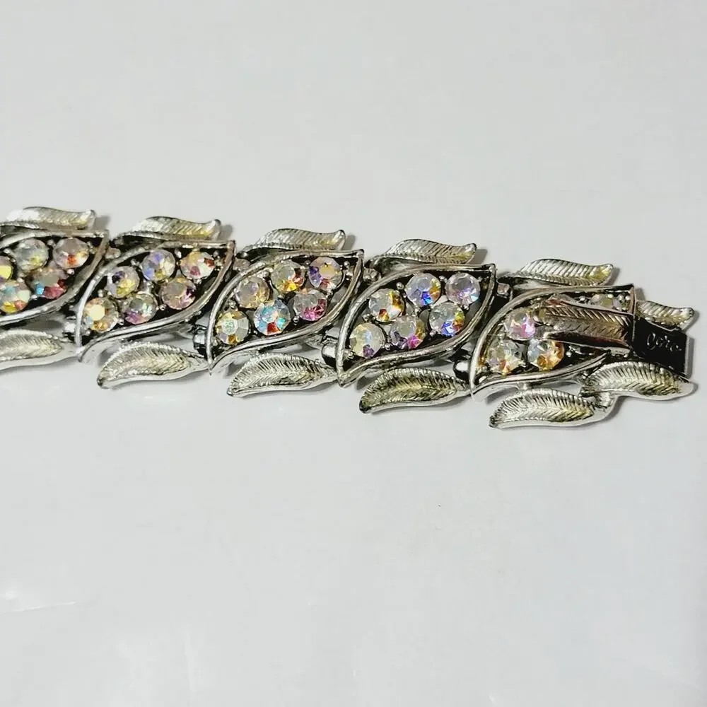 Coro AB Rhinestone Leaf Bracelet Silver Tone Mid Century 7